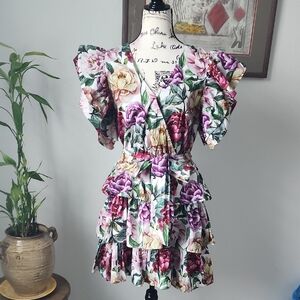 Aura Floral Ruffle Tiered Mini Dress in Purple, Pink, Yellow and Green